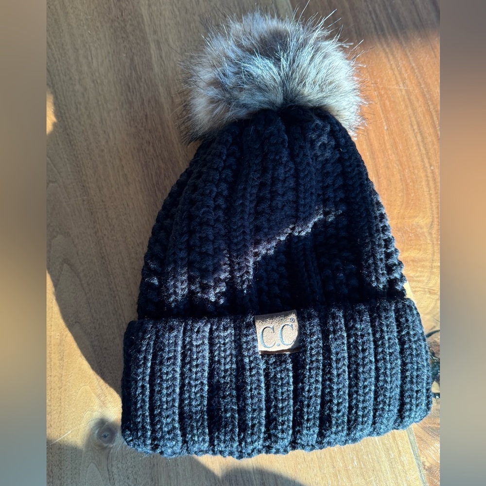 CC Black Knit Hat with Faux Fur Pom
